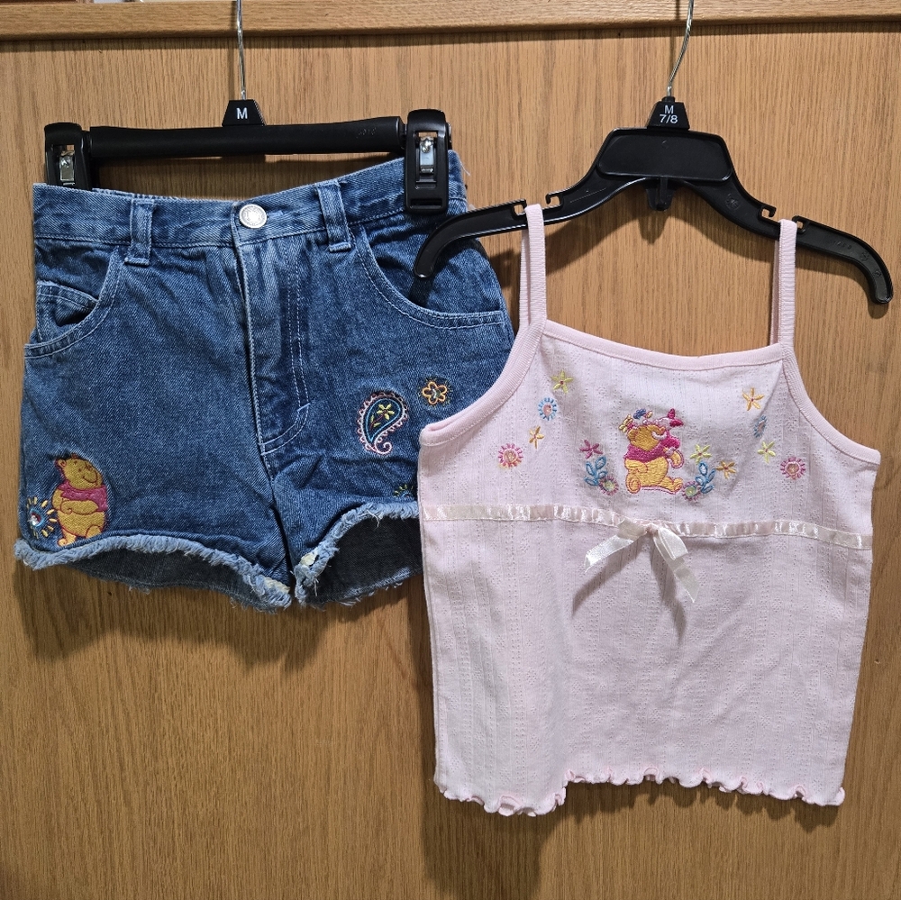 Winnie the Pooh Embroidered Pink Tank & Denim Set